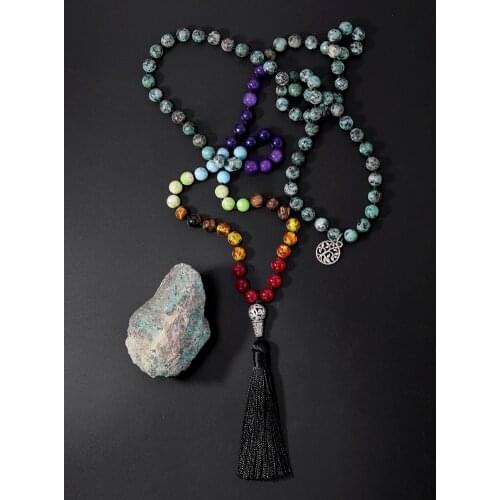 OAIITE African Turquoise 7 Chakra Mala Necklace Handmade Knot 108 Bead Prayer Meditation Necklace