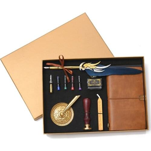 Retro Vintage Calligraphy Feather Fountain Pen Writing Ink Leather Notebook Set Stationery Gift Box