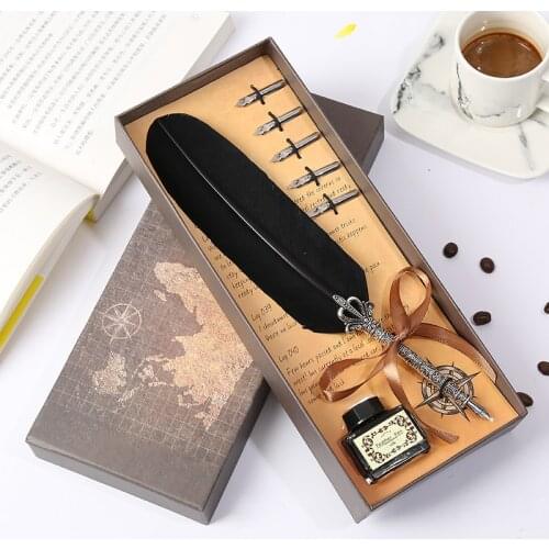Simple Brown Gift Box Feather Pen Student Teacher Writing Stationery Set High Quality Writing Supplies Personality Design