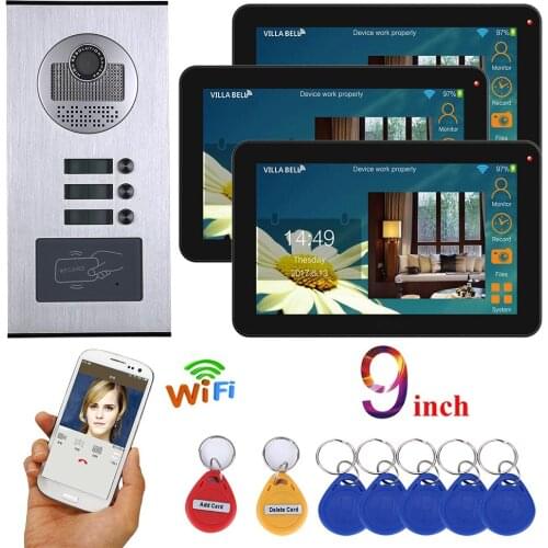 MOUNTAINONE 9 inch Wired Wifi 3 apartment video door phone intercom system RFID IR-CUT HD 1000TVL camera doorbell camera