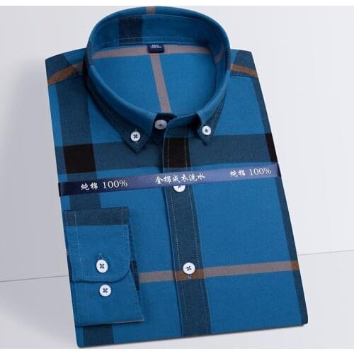 100% Cotton Oxford Dress Shirt Plaid Checkered Long Sleeve Button Down Mens Business Formal Shirt Brand Autumn Male Clothing