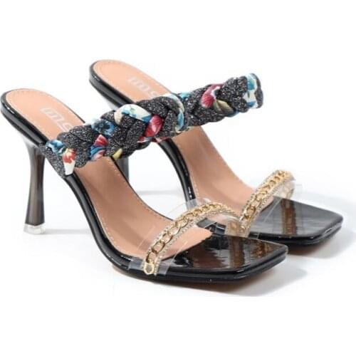 2021 Summer Women Shoes Cross-Border US-Euro Popular New Sandals Electroplated Chain Square Head With Roman High-Heeled Slippers