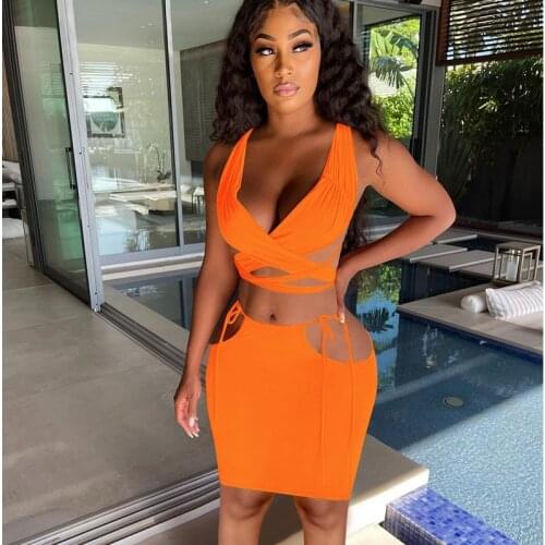 Sexy Bandage Skirts Suits for Women 2 Piece Outfits Matching Sets Sleeveless Crop Top and Mini Skirt Sets Club Party Dress Sets