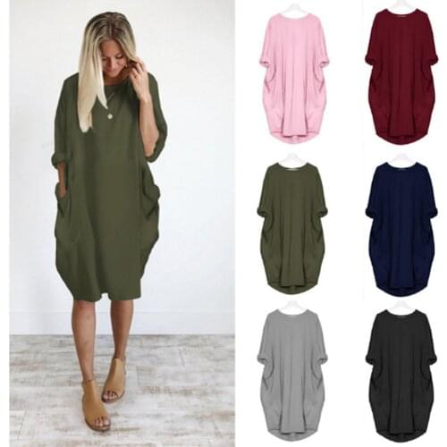 Loose Solid Half Sleeve Pockets Casual Spring Female Simple Dresses Round Neck Autumn Knee-Length Fashion Leisure Women Dress