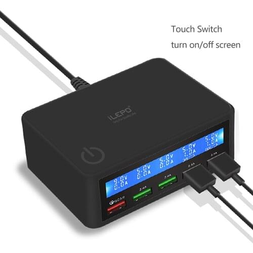ILEPO LCD Screen Fast Charger With Touch Switch 50W QC3.0 5 USB Charger With 1.5M Cable For iPhone Samsung iPad kindle 5V/2.4A