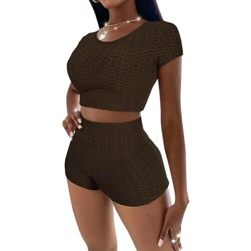 2Pcs Women Summer Tracksuits Solid Color O-Neck Short Sleeve Crop Tops Shorts Set Yoga Suit for Female Ladies Running Gym Jogger