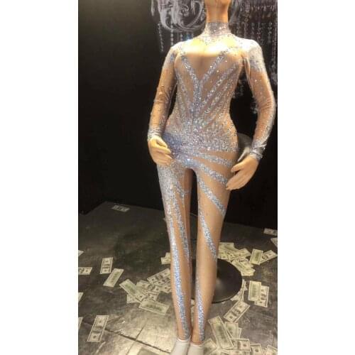 Women Sexy Silver Glisten Rhinestones Jumpsuit long Sleeves Stones Bodysuit Performance Party Celebrate luxurious Dance Costumes