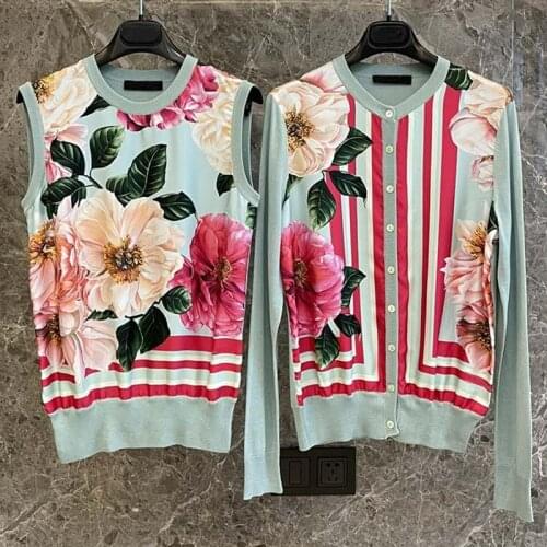 High-Quality Womens Silk Sweater Runway Sicily Retro Flower Print Button Cardigan +Tank Top Fashion All-Match Suit for 2021