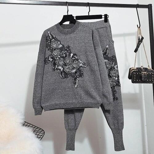 2020 Autumn New knit Sweater Women Set Fashion Flower Long sleeve Pullover Tops+Casual Pants Ladies 2 Piece Outfit Female Winter