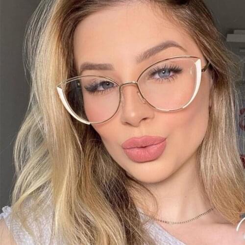 2021 Trendy Office Anti Blue Light Cat Eye Glasses Women Vintage Eyeglasses Frame Plain Computer Spectacles White Rimmed Glasses