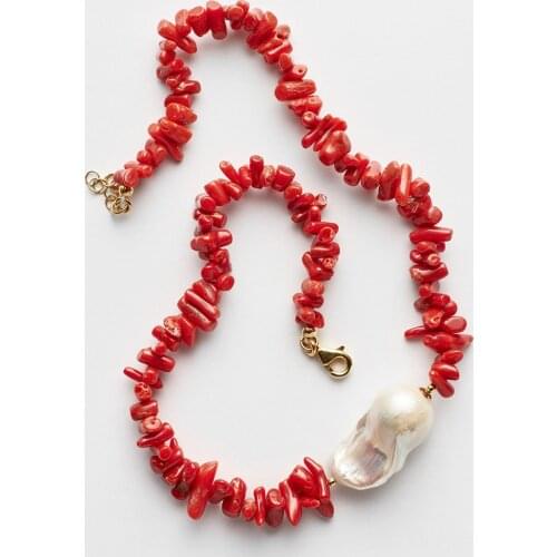 Bohemian creative Gift brand Irregular Red Coral bead natural real freshwater baroque pearl choker short Necklace women jewelry