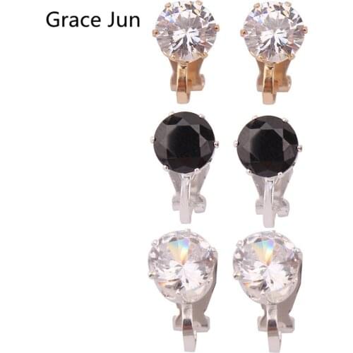GRACE JUN New Cute Small Round Cubic Zircon Clip on Earrings Without Pierced for Women Girl Party Wedding Shiny Cuff Earrings