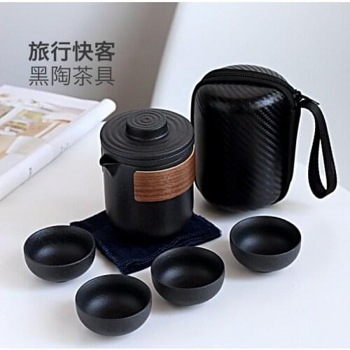 Travel tea set, carrying bag, black pottery quick cup, one pot, two cups, storage bag, outdoor simple tea cup