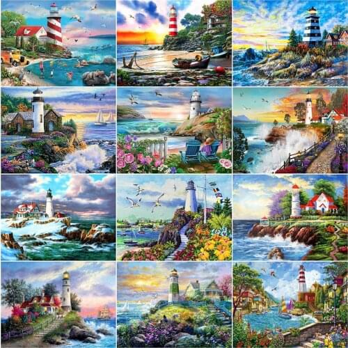 Evershine Diamond Painting Lighthouse Cross Stitch Diamond Embroidery Seaside Landscape Mosaic Rhinestone Picture Home Decor