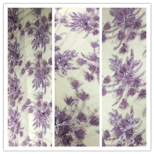Purple applique beaded embroidery mesh tulle fabric High Quality Bridal Dress Wedding Decoration Fabric