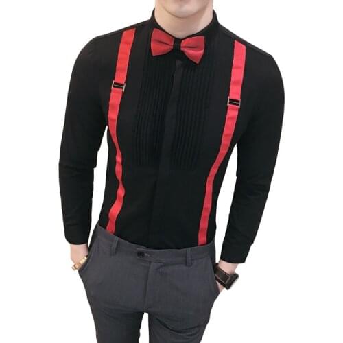 Bow Tie Work shirt 2019 Fashion Designer Male Shirt Slim Fit Black White Club Party Performance Stage Clothing Mens Dress Shirt