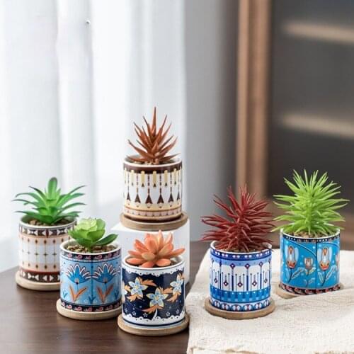 Blue Ceramic Flowerpot with Bottom Cushion, Living Room Desktop Decoration Ornaments, Ethnic Succulent Flowerpot