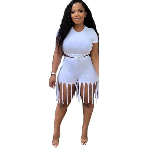 Summer White Short Two Piece Set Women Streetwear Skinny 2 Piece Sets Womens Outfits Summer Casual T Shirt and Tassel Shorts Set