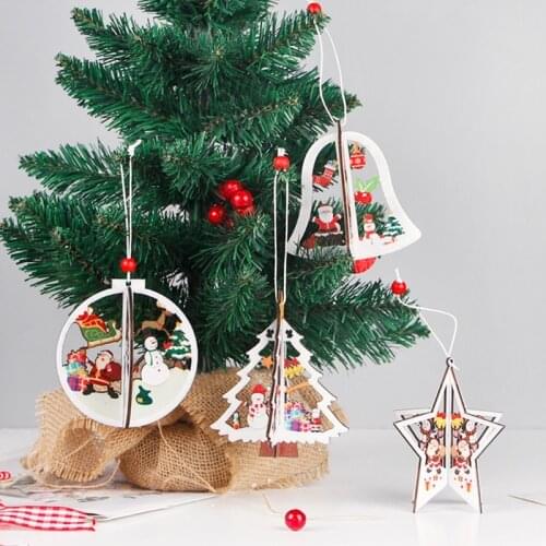 M17D 4 Pcs Wooden 3D Hollow Christmas Tree Pendant Decoration Santa Elk Snowman Hanging Ornament Home Decor Festive Party