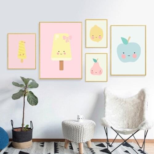 Cute Fruit Apple Pear Mango Ice Cream Posters and Prints Mural Canvas Painting Nursery Artwork Mural Childrens Room Decoration