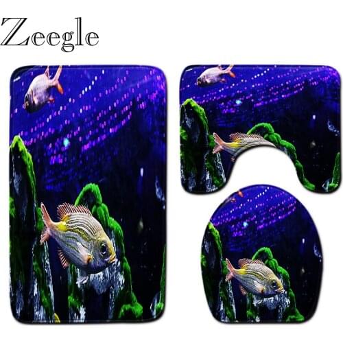 Undersea World Printed 3pcs Bathroom Carpet Set Absorbent Bathroom Toilet Pedestal Rug Bath Foot Mat Soft Toilet Cover Seat Mat