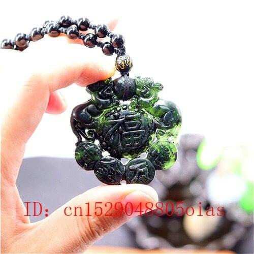 Natural Black Green Jade Chinese Tiger Pendant Beads Necklace Charm Jewelry Double-sided Hollow Carved Amulet Gifts for Men Her