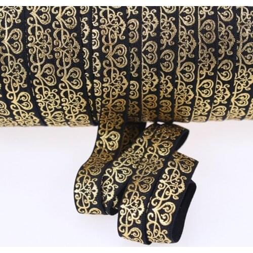 Wholesale factory direct gold foil fold over elastic ribbon, 5/8" Black elastic ribbon/gold metallic damask,50 yards per lot