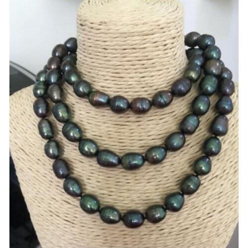 Fashion jewelry 12-13mm Tahitian peacock green baroque pearl necklace 38"925silver