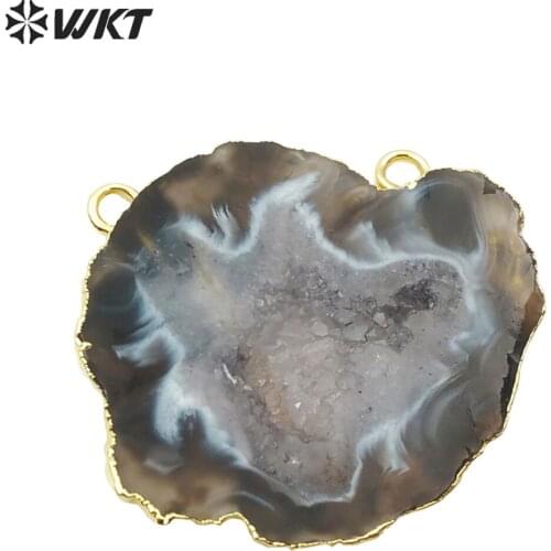WT-P1490 WKT Gold Electroplated Natural Geode Stone Double Hoops Pendant Fashion Necklace Pendant Findings Jewelry Supplies