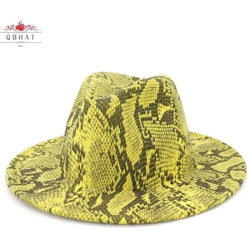 QBHAT Autumn Winter Snake Pattern Jazz Fedora Hats Wool Felt Cap Wide Brim Chapeu Panama Party Formal Hat for Men Women
