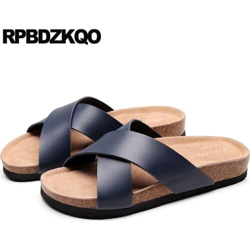 Size 45 slippers 2019 beach slides blue cork flat designer big fashion brown casual men sandals leather summer shoes outdoor 46