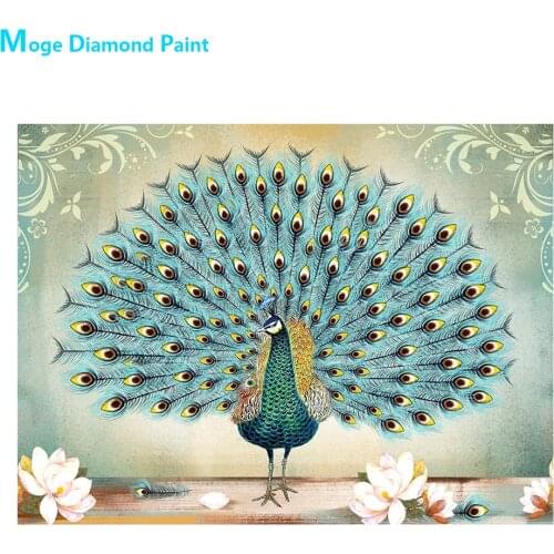 Blue Peacocks Flowers Feathers Diamond Painting Round Full Drill DIY Mosaic Embroidery 5D Cross Stitch Floral Animal Pattern