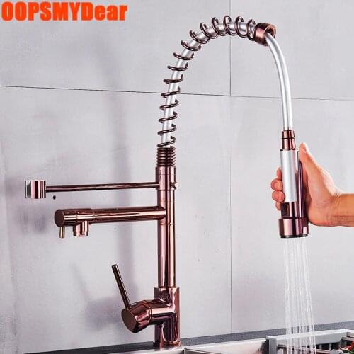 Rose Gold Spring Faucet Kitchen Flexible Pull Out Rose Gold Tap Sink Hot Cold Mixer Dual Spout Grifo Modern Luxury Copper Taps
