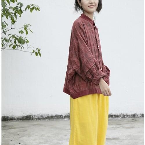 Women Cotton Jacquard Irregular Plaid Blouse Tops Ladies Vintage Loose Shirt Female Plus Size Spring AutumnShirt Blouses