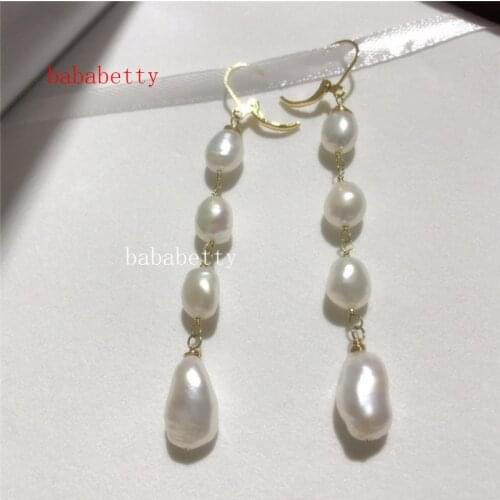 Fashion new elegant natural freshwater pearl handmade 9-12 MM white baroque pearl swing earrings Tibetan silver hooks