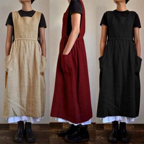 Women Solid Color Sleeveless Square Neck Pockets Cotton Linen Apron Long Dress