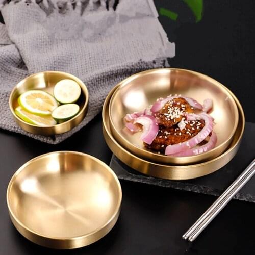 4-Size Golden Dinner Plates Western Kitchen Steak Barbecue Round Dishes Stainless Steel Sauce Spice Appetizer Serving Tray