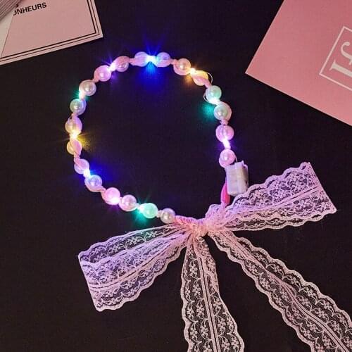 Colorful Three-speed Color-changing Flashing Wedding LED Lace Ribbon Pearl Mesh Yarn Glowing Hair Hoop Pearl Headband Hairband