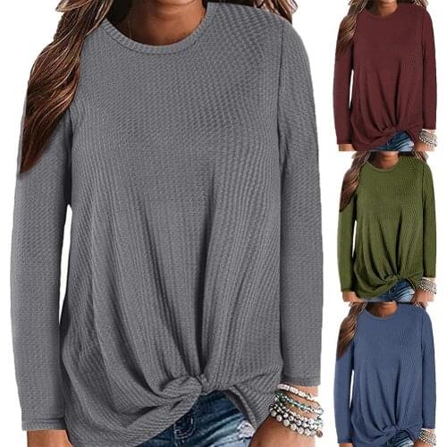 Ele-choices Plus Size Chic Lady Solid Color O Neck Long Sleeve Knotted Knitted Sweater Top