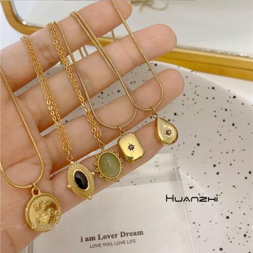 Elegant Vintage Irregular Oval Star Bear Black Green Stone Square Water Droplets Pendant Necklace for Women Jewelry HUANZHI 2021