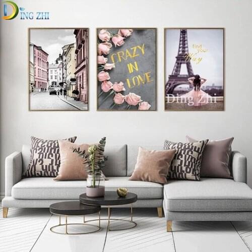 Paris Street, Tower, Pink Roses 5D Diy Diamond Painting Wall Art Modern Triptych Diamond Embroidery Mosaic Square/Round Drill
