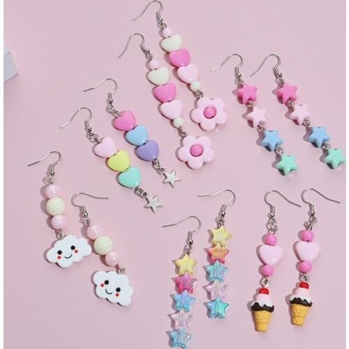 1Pair Kawaii Colorful Y2k Handmade Dangle Earrings Heart Beads Cloud Star Flower Eardrop For Women Girl Teens Gifts DIY Jewelry