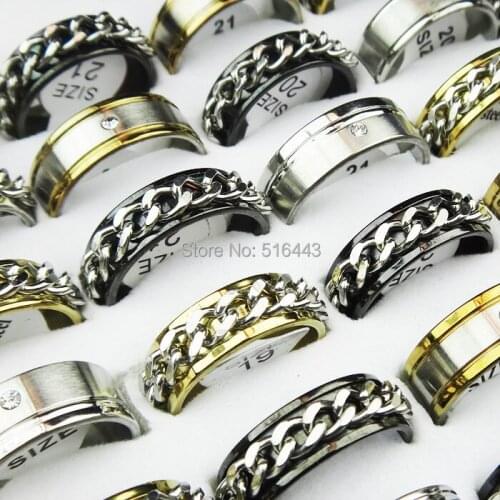 Cool New 10pcs Silver Gold Black Rhinestones Women Mens Stainless Steel Fashion Spin Chain Rings Wholesale Jewelry Lots A-298