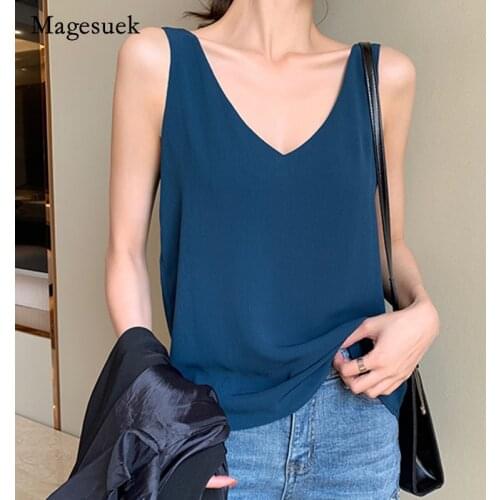 Korean Sleeveless Women Tanks Summer 2021 Plus Size V-Neck Casual Cross Tops Fashion Loose Chiffon Camis Sexy Women Tanks 9821