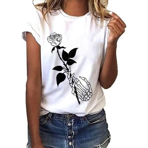Fashion Summer Skeleton Hand Fun Printed T Shirt Female Tshirt Leisure White Round Neck T Shirt Short Sleeve Ladies T-shirt