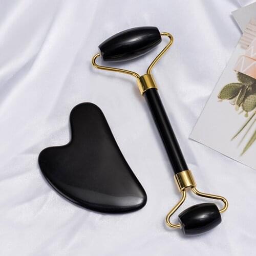 Natural Obsidian Stone Jade Roller Massager for Face Lift Massage Roller Gua Sha Set Facial Beauty Skin Care Tool Face Massagers