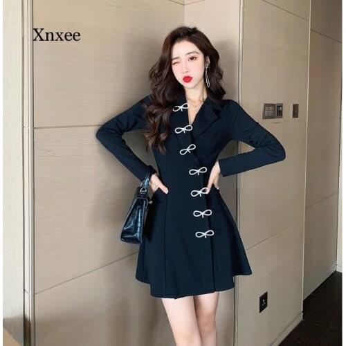 New Bow Single-Breasted Party Mini Dress Vintage Black Long Sleeve Slim A-Line Night Club Dress Spring Autumn Dresses Outfit