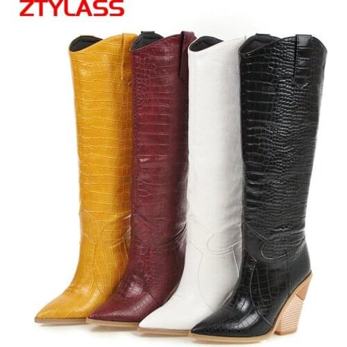 Autumn Winter Women Boots Knee High Boots Wedges Western Boots Pointed Toe High Heel Long Boots Cowgirl Boots 2021