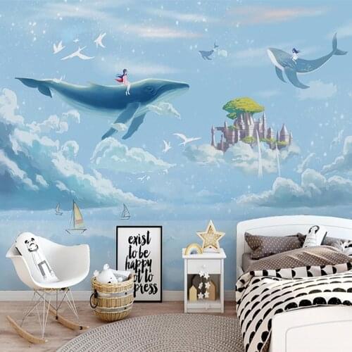 Custom Photo Wallpaper 3D Hand Painted Watercolor Creative Sky Whale Childrens Room Mural Background Wall Paper Papel De Parede