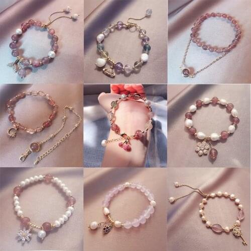 Simple Korea Freshwater Pearl Strawberry Crystal Series Girlfriend Bracelet Original Hand Rope Bracelet Hot Ins Bangles